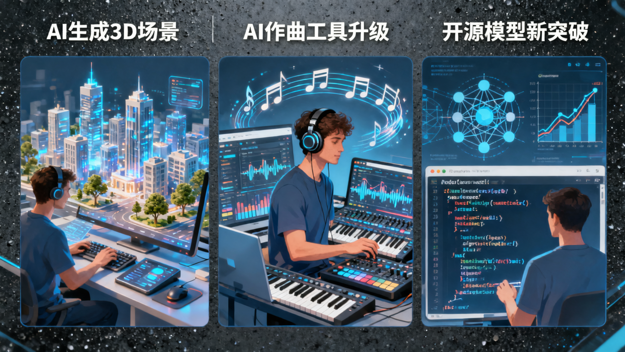 AI新玩法：AI生成3D场景、AI作曲工具升级、开源模型新突破