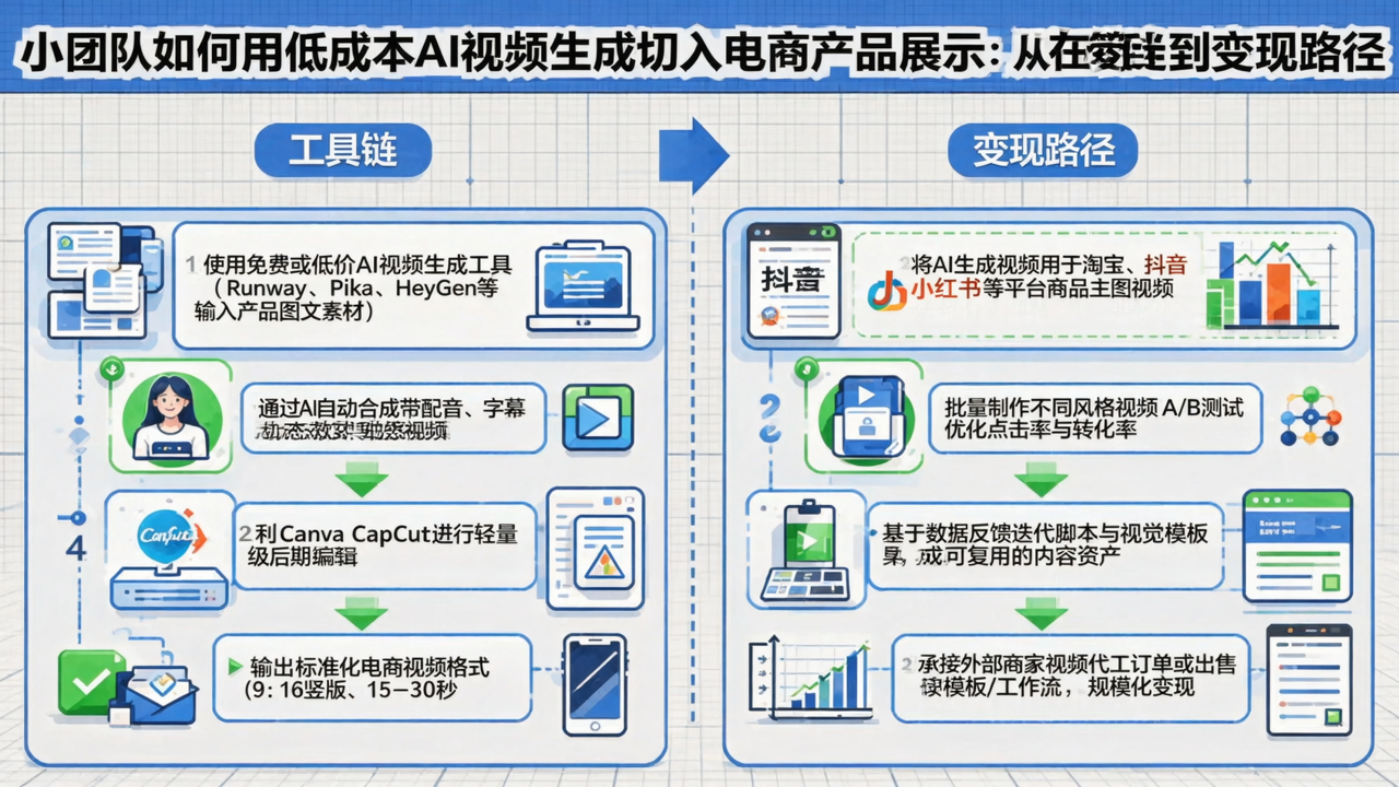 小团队如何用低成本AI视频生成切入电商产品展示：从工具链到变现路径