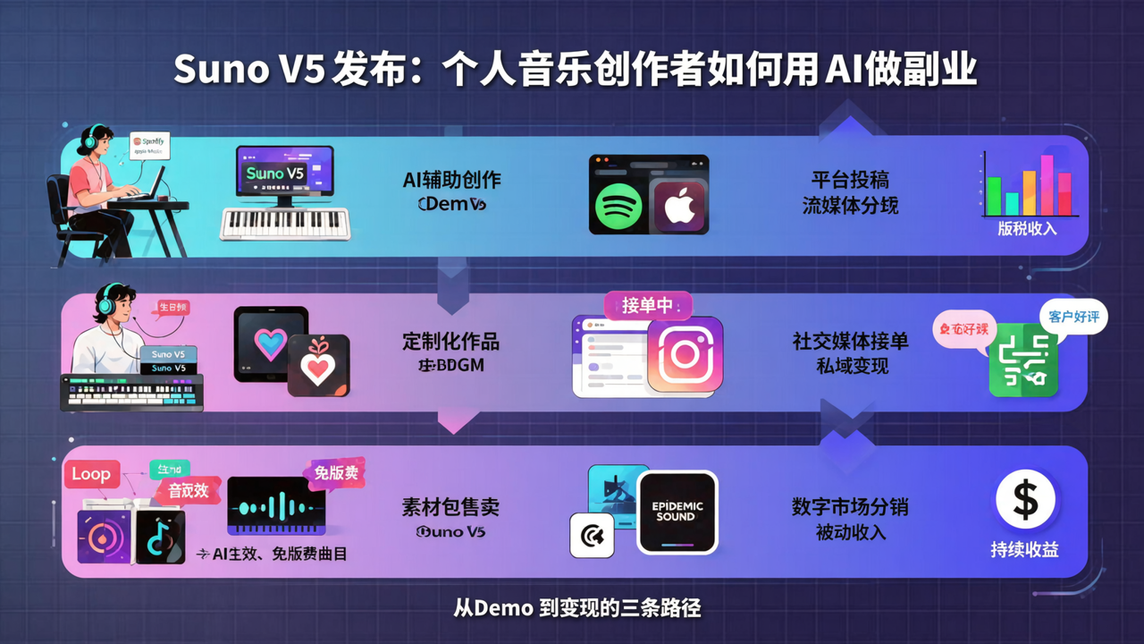 Suno V5 发布：个人音乐创作者如何用 AI 做副业，从 Demo 到变现的三条路径