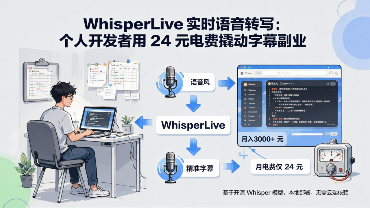 WhisperLive 实时语音转写：个人开发者用 24 元电费撬动字幕副业