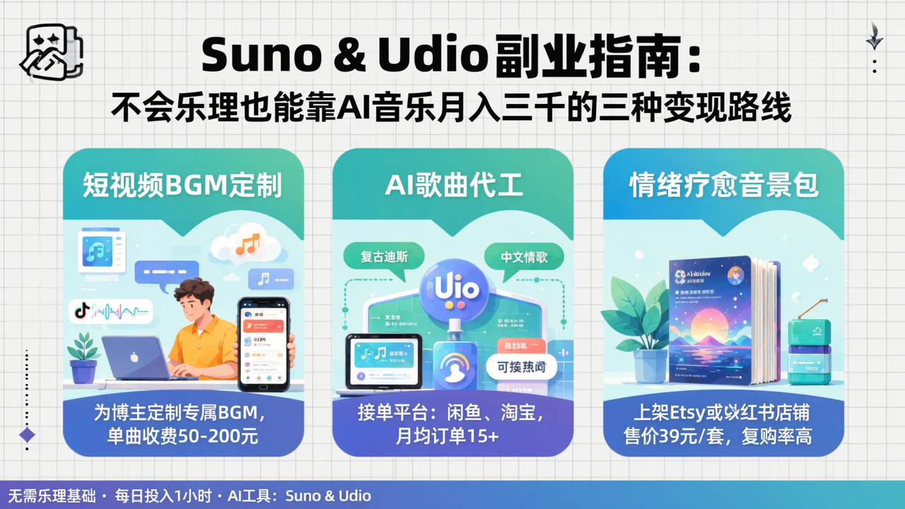 Suno & Udio 副业指南：不会乐理也能靠AI音乐月入三千的三种变现路线