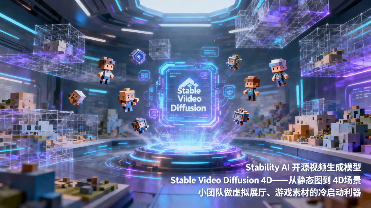 Stability AI 开源视频生成模型 Stable Video Diffusion 4D——从静态图到 4D 场景,小团队做虚拟展厅、游戏素材的冷启动利器