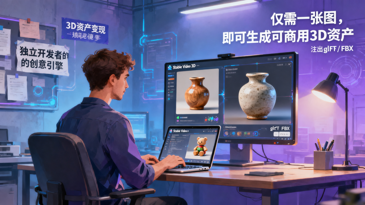 Stable Video 3D：用一张图生成可商用3D模型，独立开发者也能玩转三维资产变现