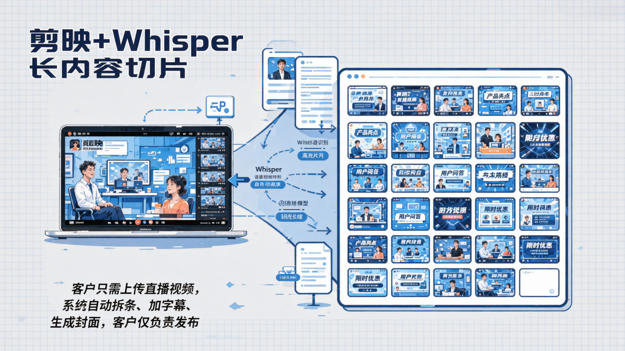 剪映+Whisper 长内容切片：一场直播拆出三十条，客户只负责发