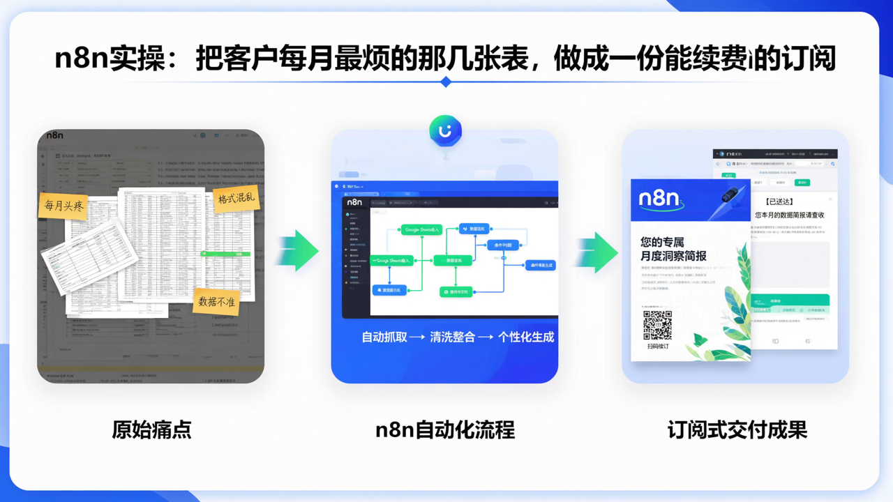 n8n 实操：把客户每月最烦的那几张表，做成一份能续费的订阅