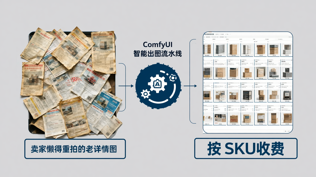 ComfyUI 出图流水线：卖家懒得重拍的老详情图，你按 SKU 收费