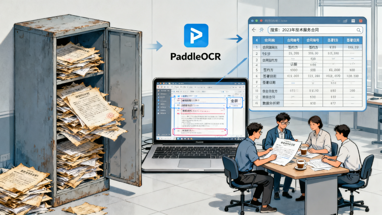 PaddleOCR 做底子：一柜子旧合同变成能搜的表格，小团队怎么接这活