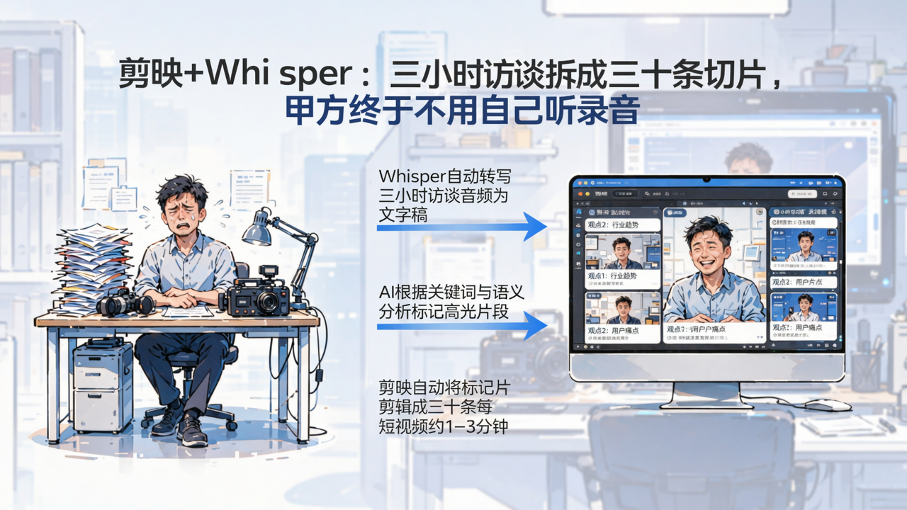 剪映+Whisper：三小时访谈拆成三十条切片，甲方终于不用自己听录音