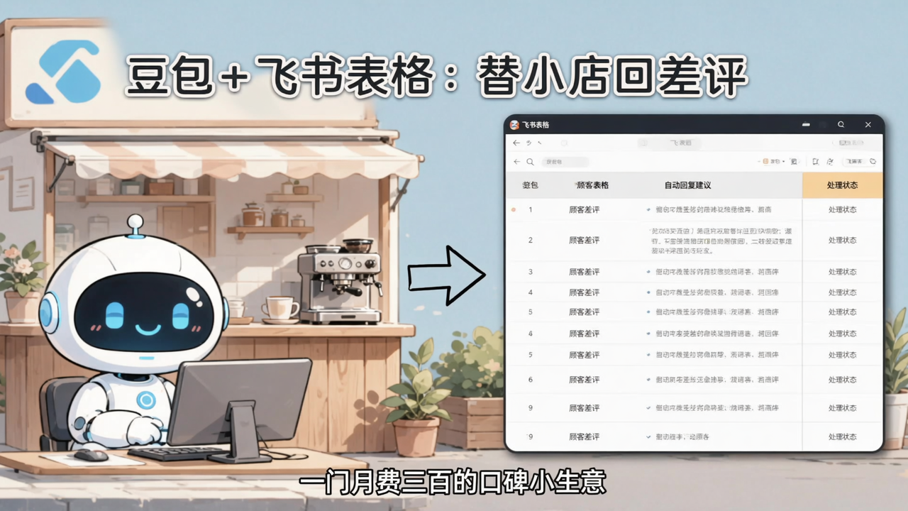 豆包 + 飞书表格：替小店回差评，一门月费三百的口碑小生意