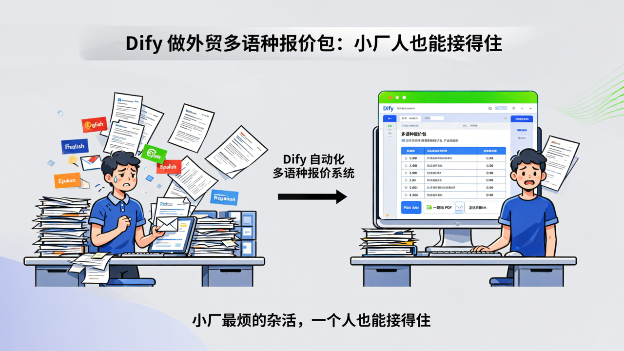 Dify 做外贸多语种报价包：小厂最烦的杂活，一个人也能接得住